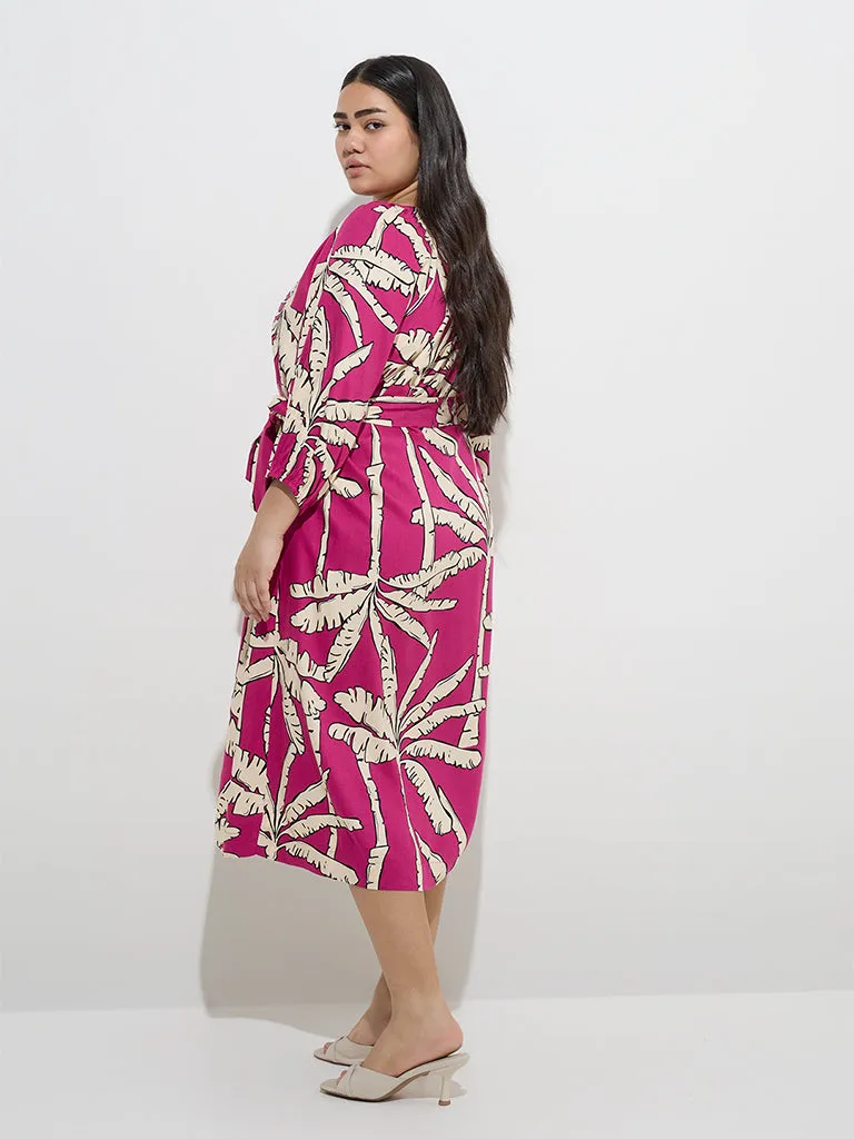 Gia Fuchsia Tropical-Inspired A-Line Dress with Belt