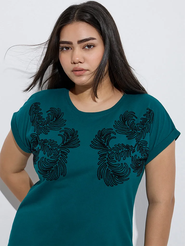 Gia Teal Leaf Design Cotton T-Shirt