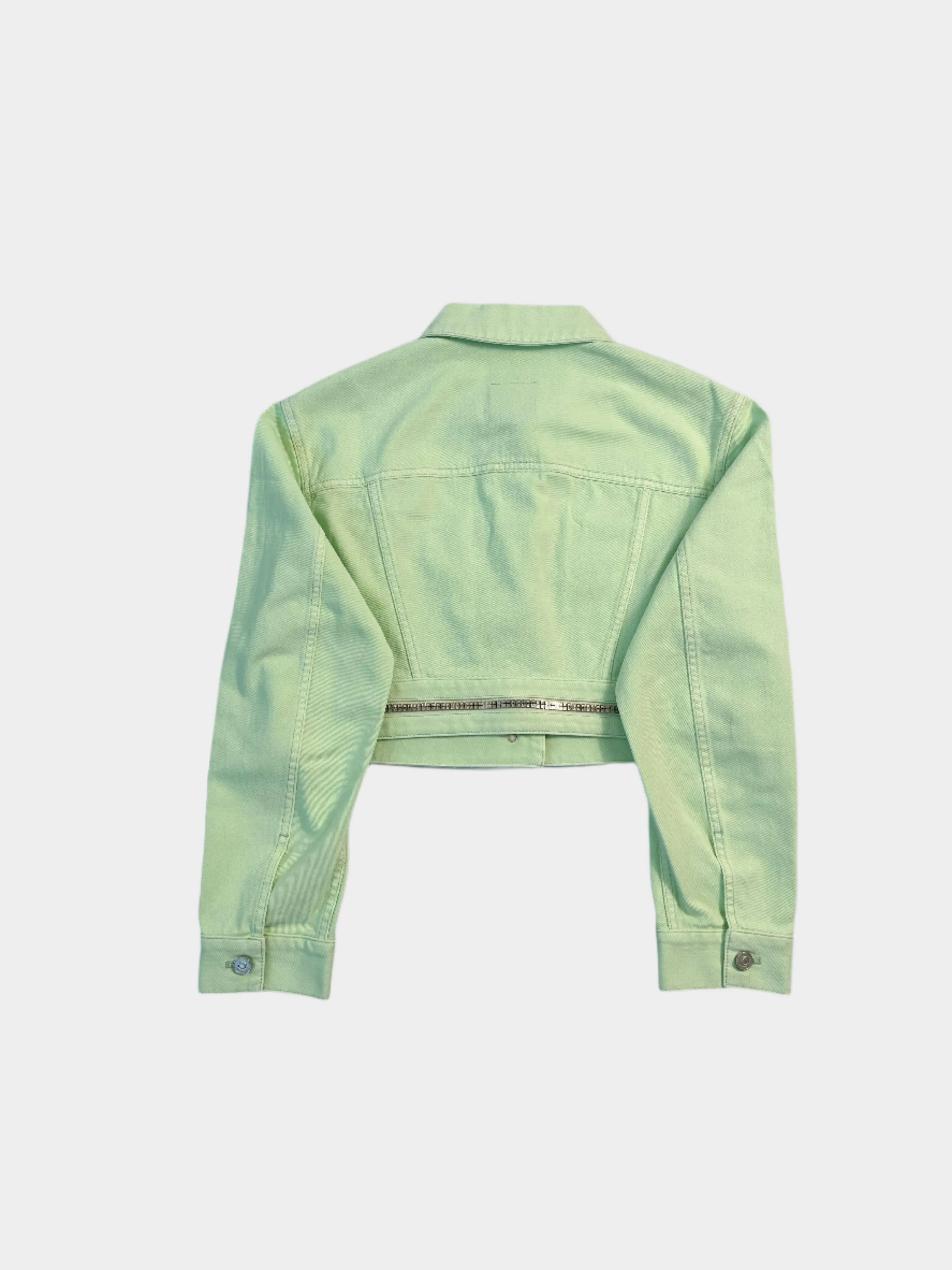 Giacca Jeans Verde Chiaro Donna Cropped Con Zip Decorative
