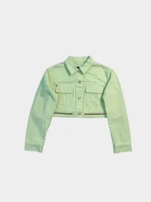 Giacca Jeans Verde Chiaro Donna Cropped Con Zip Decorative