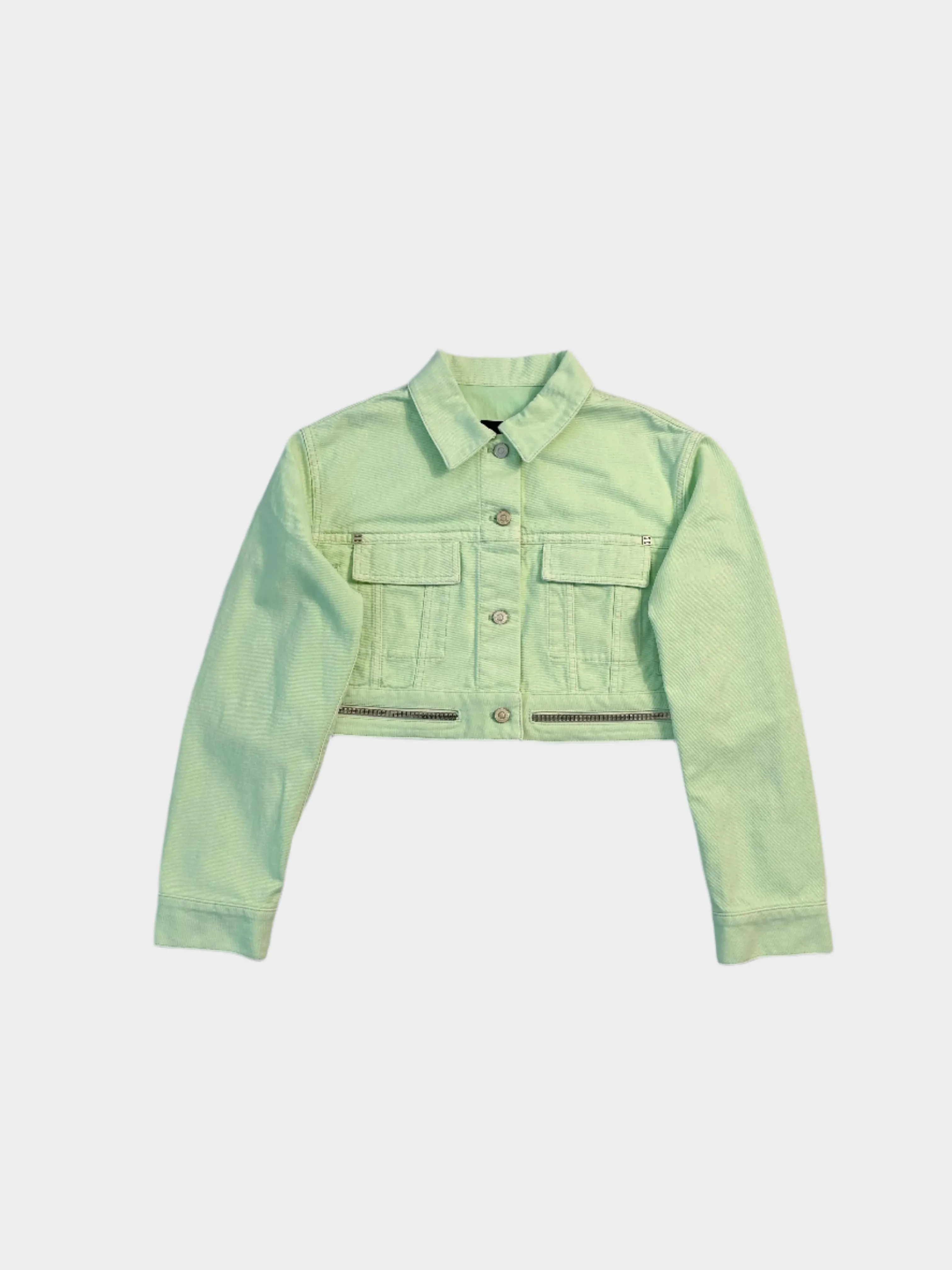 Giacca Jeans Verde Chiaro Donna Cropped Con Zip Decorative