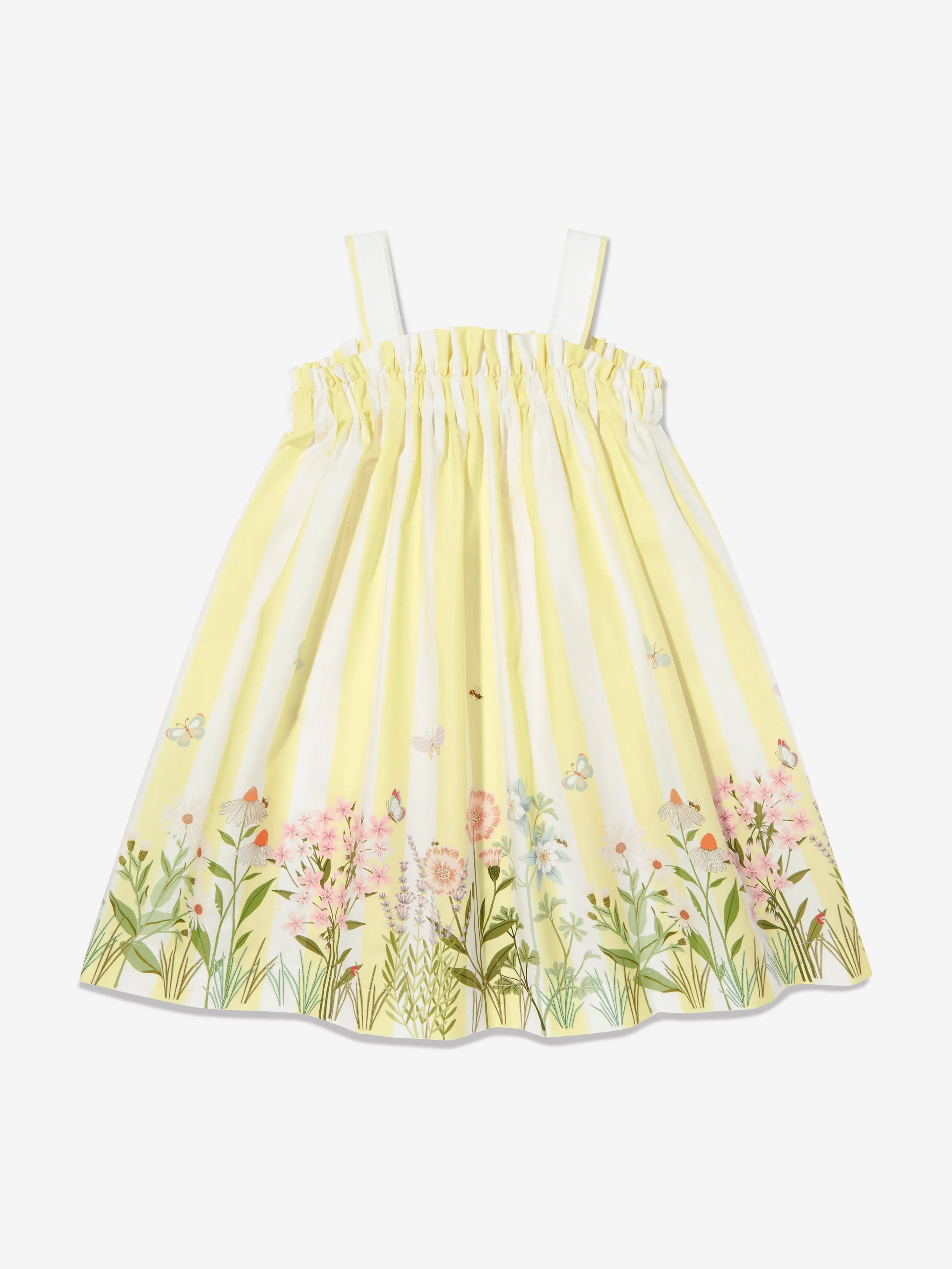 Girls Cotton Striped Flower Dress in Yellow