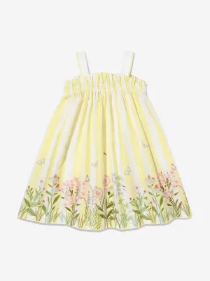 Girls Cotton Striped Flower Dress in Yellow