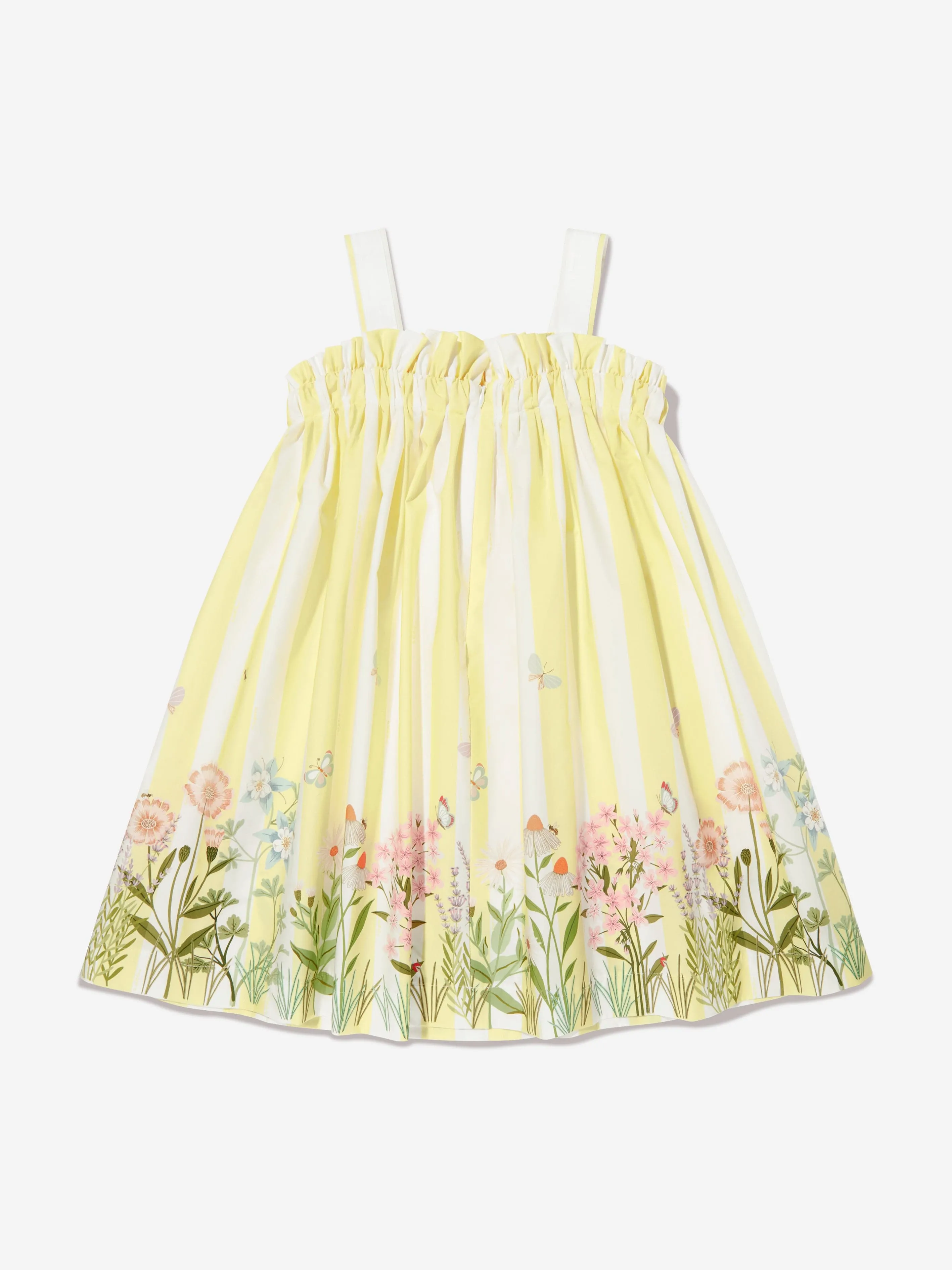 Girls Cotton Striped Flower Dress in Yellow