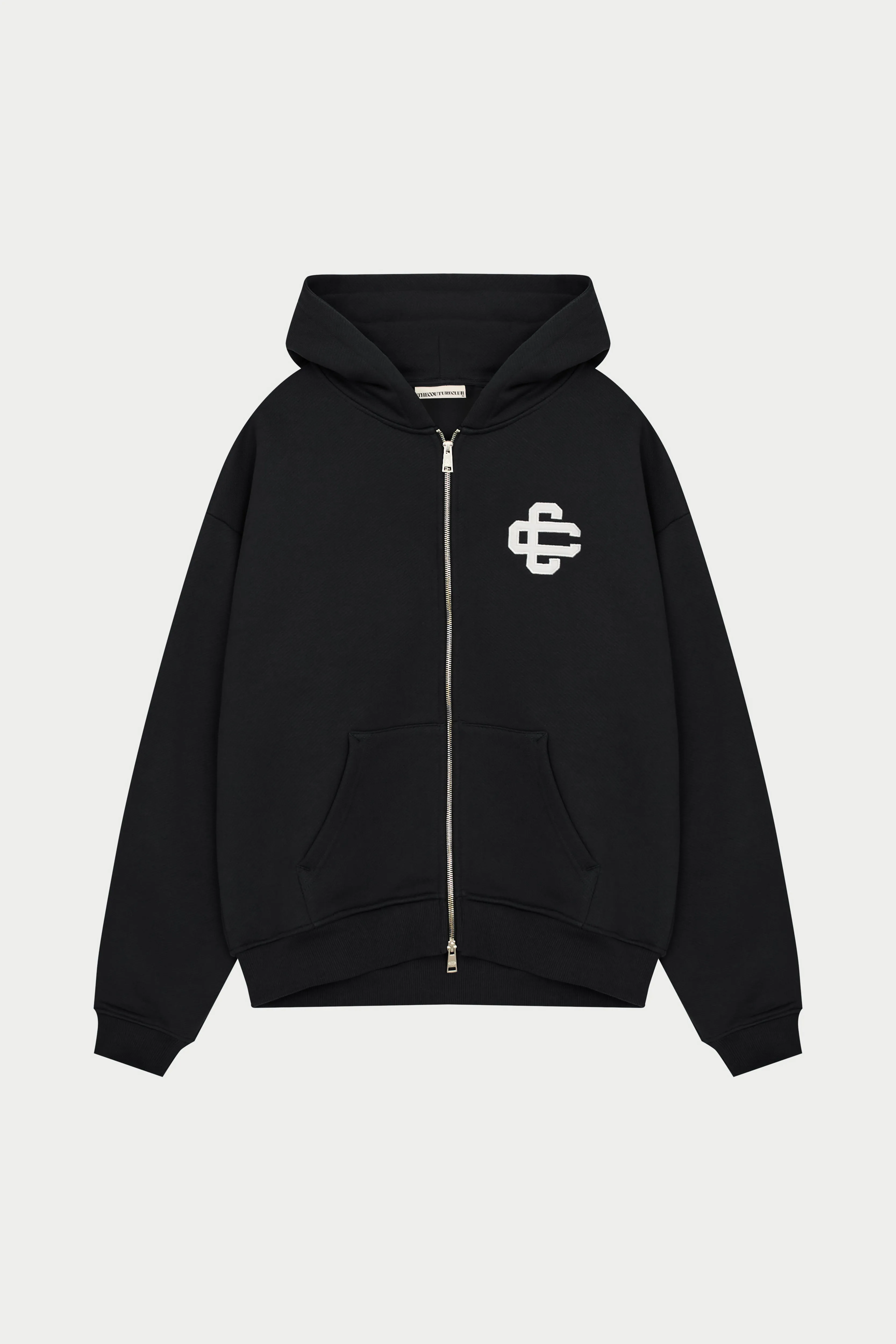 HEAVYWEIGHT EMBLEM APPLIQUE ZIP THROUGH HOODIE - BLACK