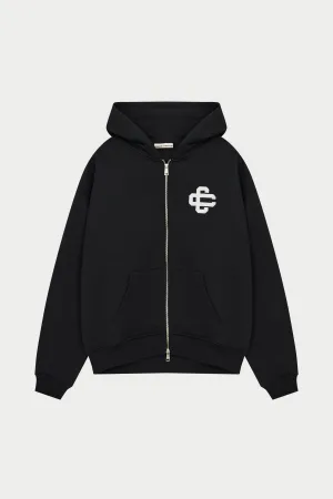 HEAVYWEIGHT EMBLEM APPLIQUE ZIP THROUGH HOODIE - BLACK