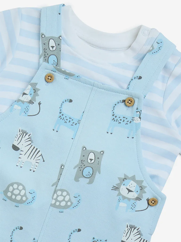 HOP Baby Blue Animal Printed Cotton T-Shirt with Dungaree Set