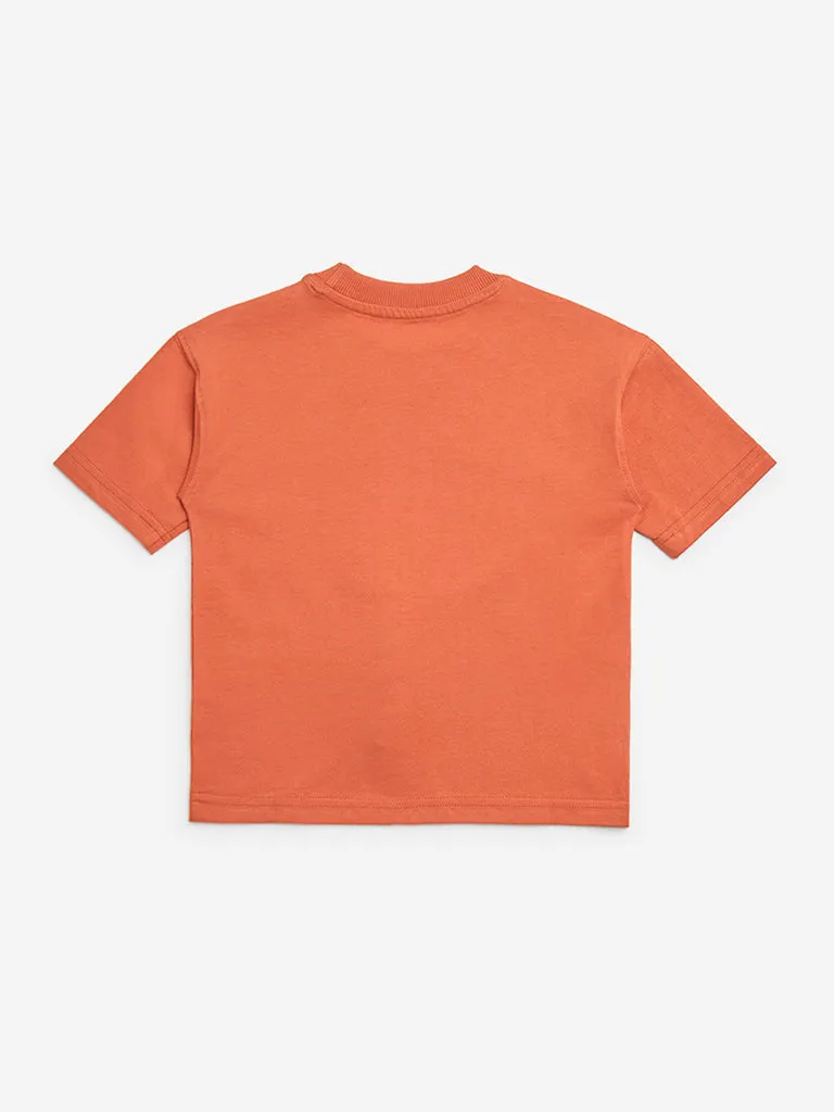 HOP Kids Orange Printed Cotton T-Shirt