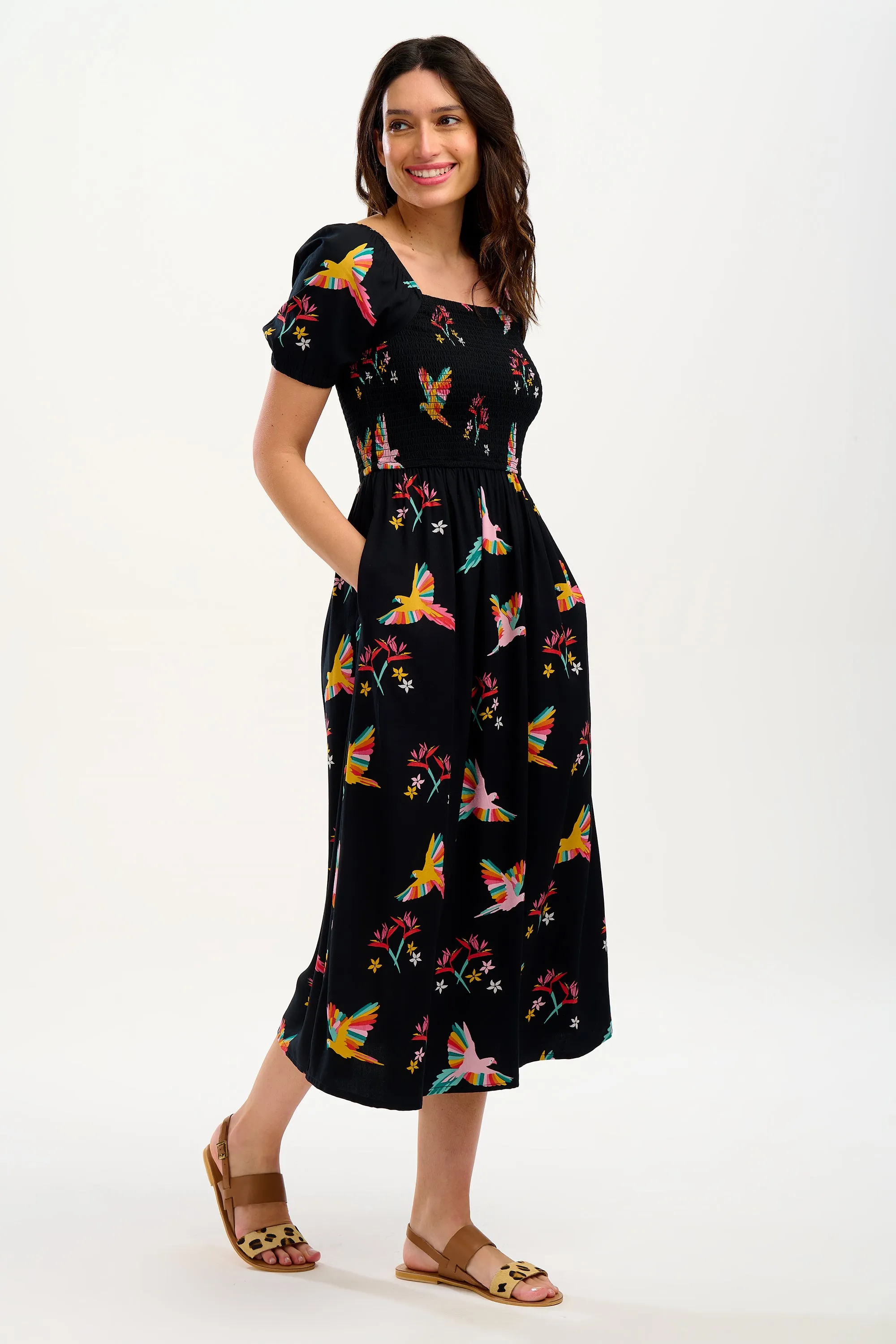 Jolene Midi Shirred Dress - Black. Tropical Parrots