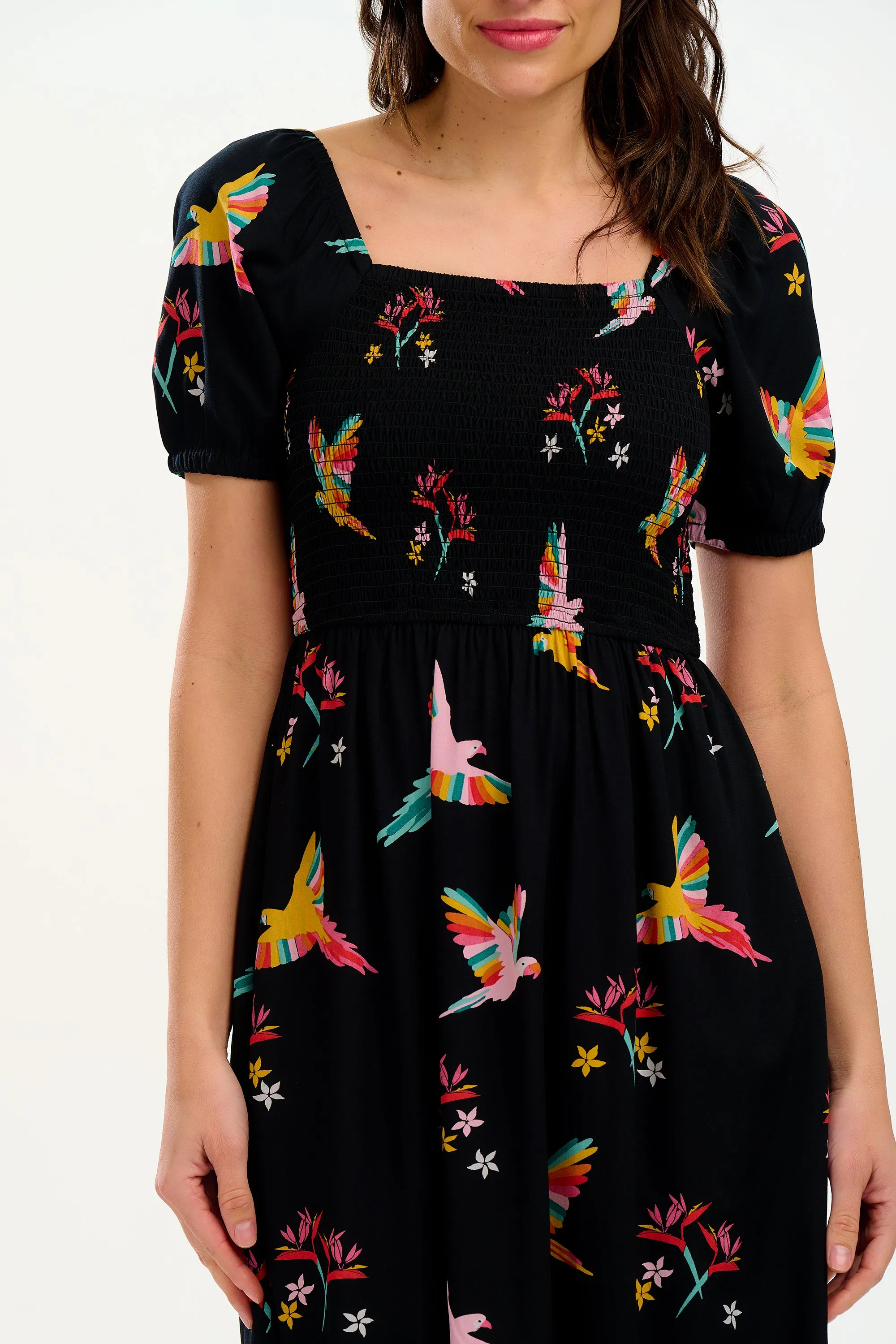 Jolene Midi Shirred Dress - Black. Tropical Parrots