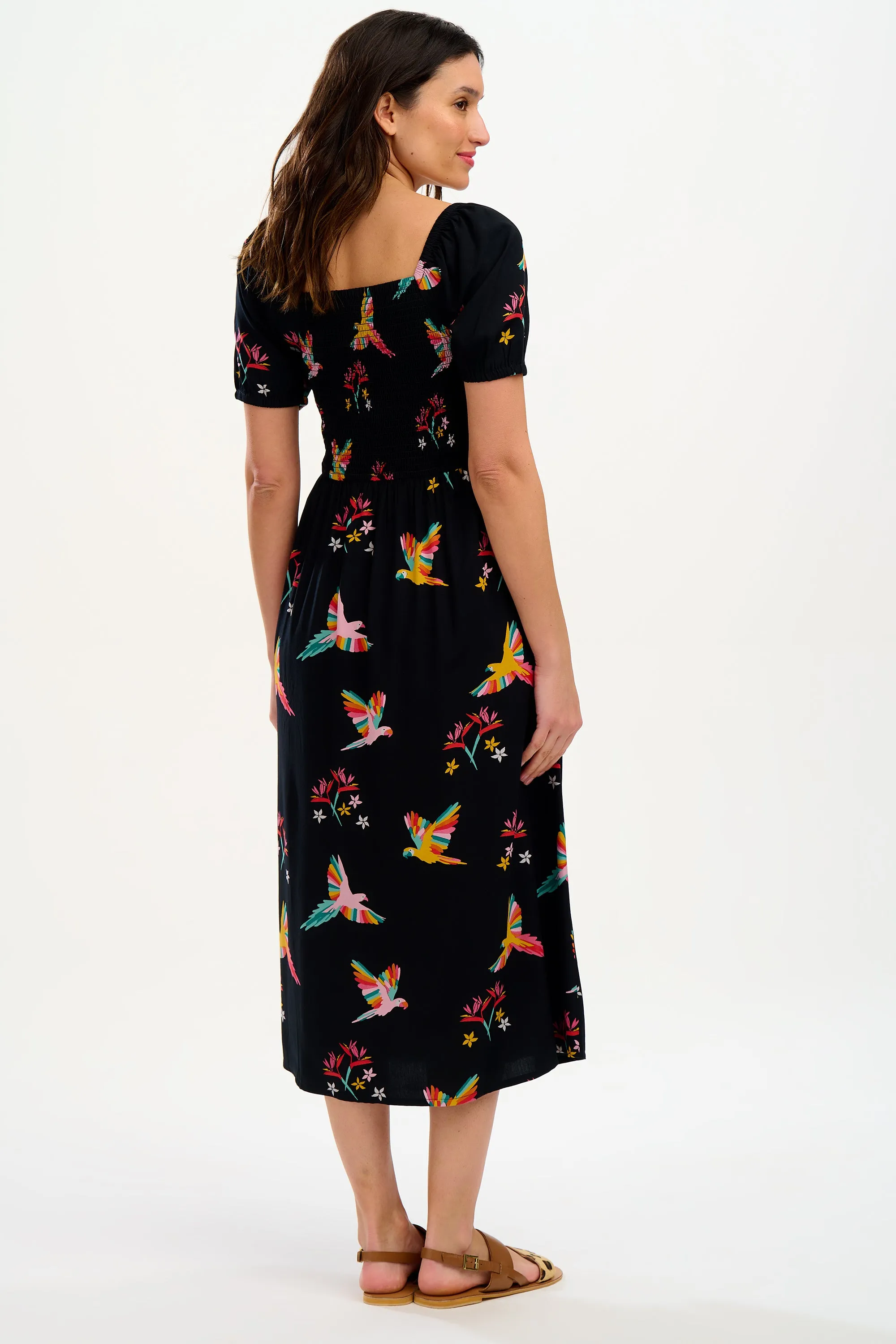 Jolene Midi Shirred Dress - Black. Tropical Parrots