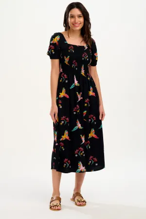 Jolene Midi Shirred Dress - Black. Tropical Parrots