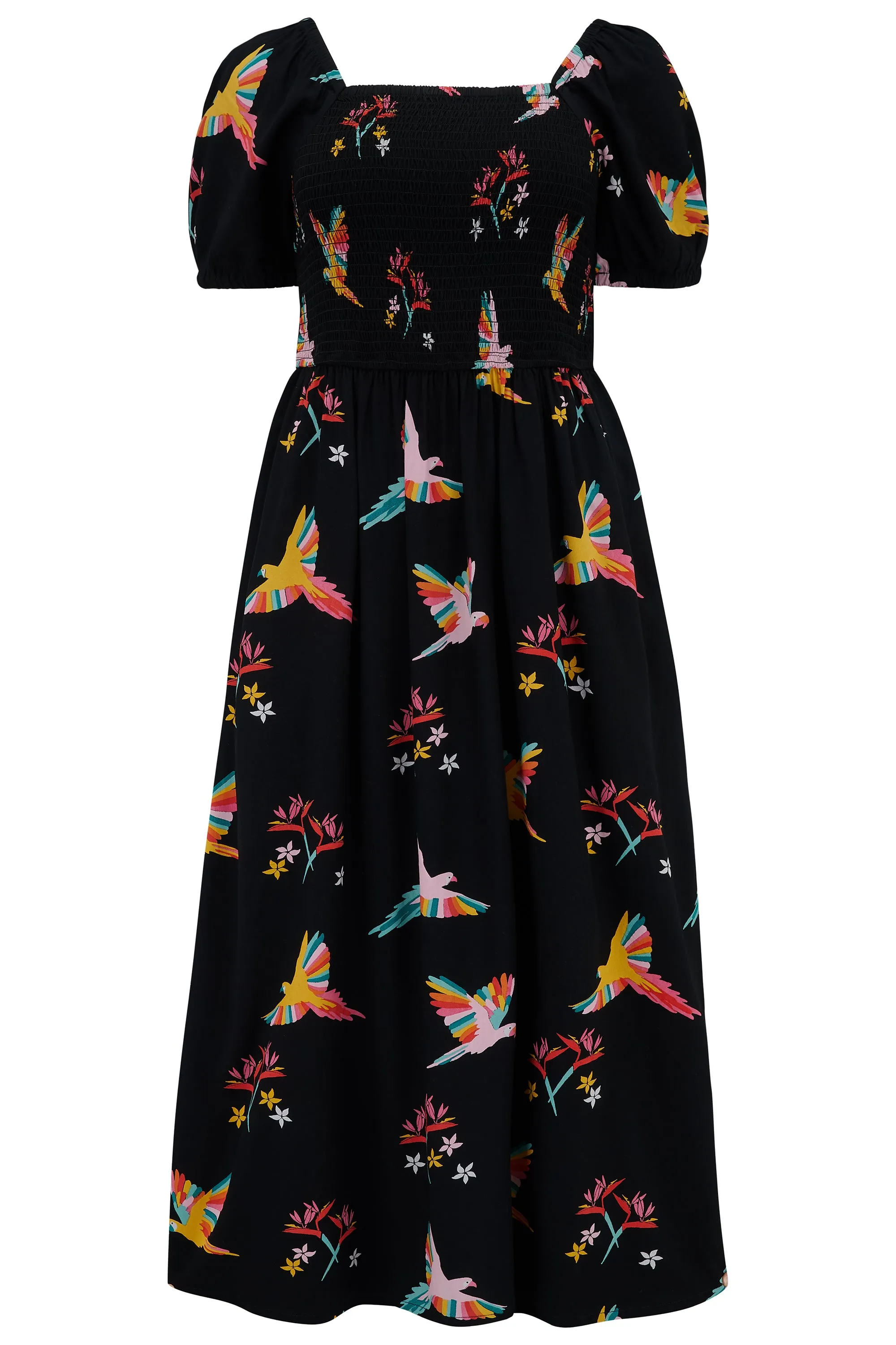 Jolene Midi Shirred Dress - Black. Tropical Parrots