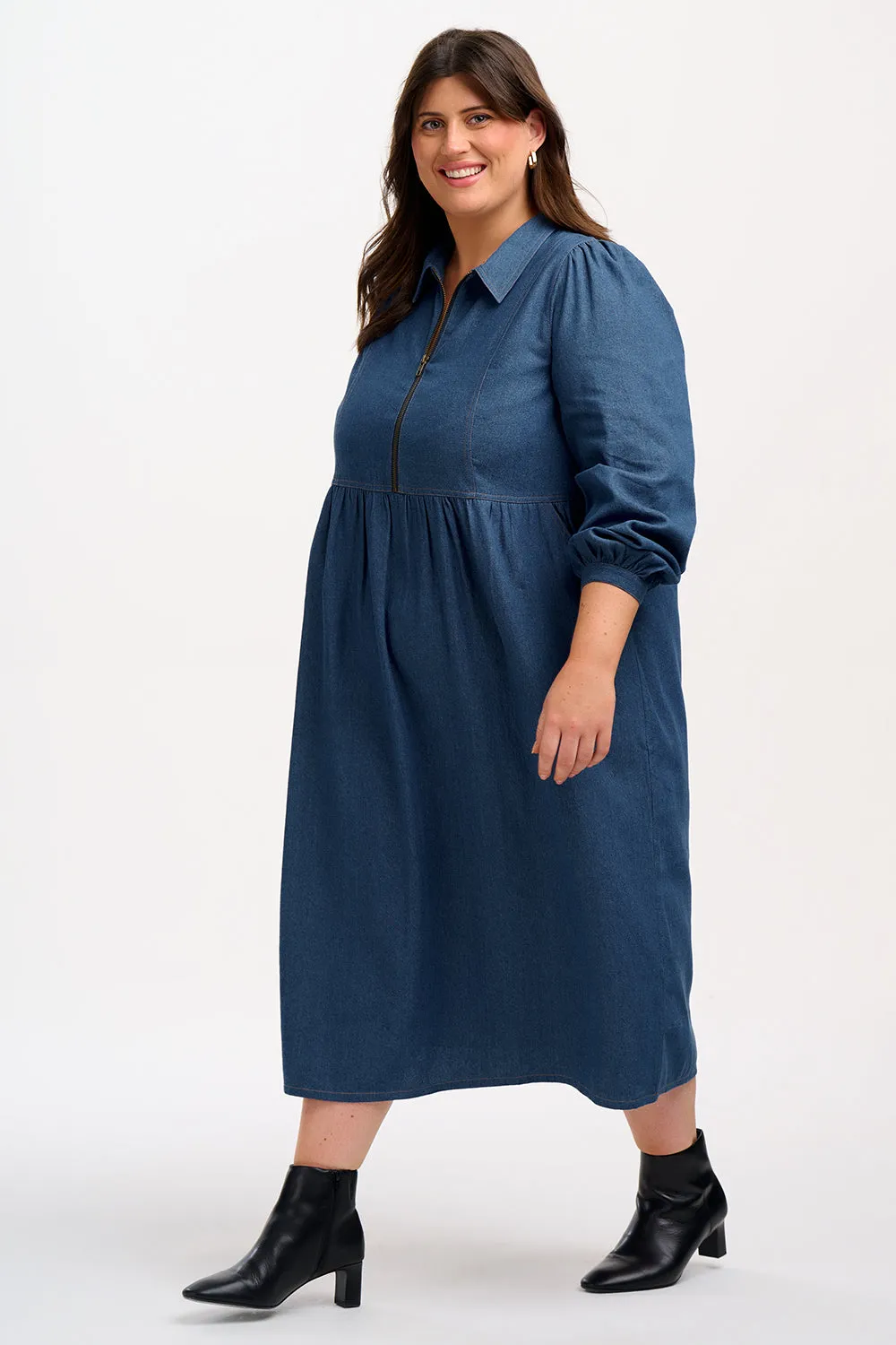 Kirsty Midi Smock Dress - Mid-Blue Denim