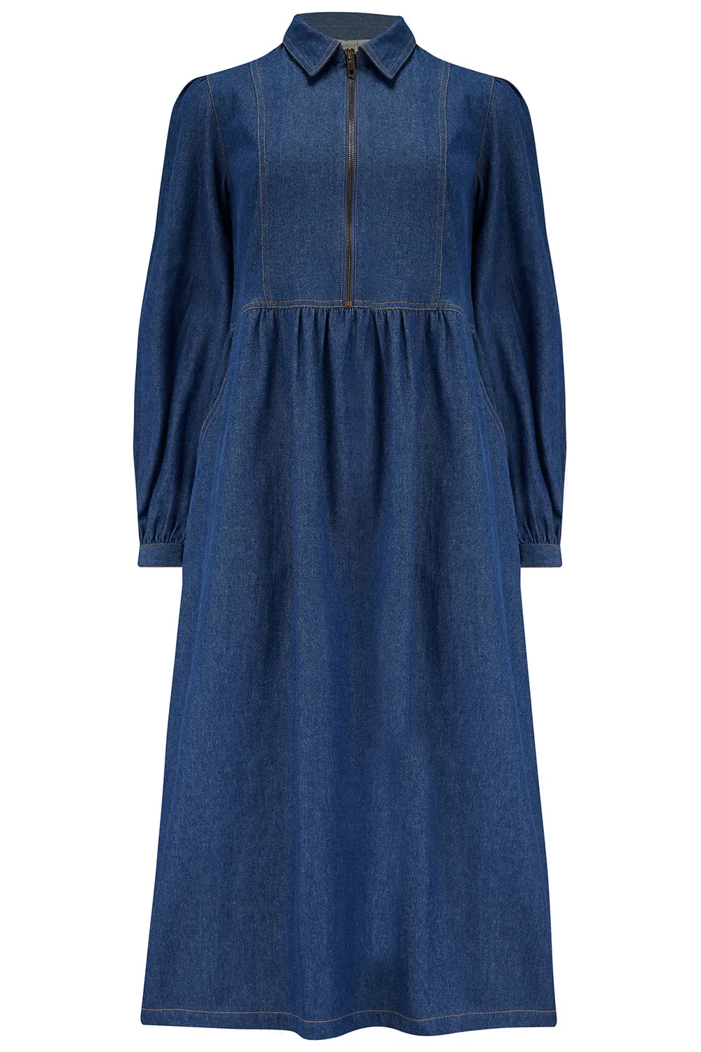 Kirsty Midi Smock Dress - Mid-Blue Denim