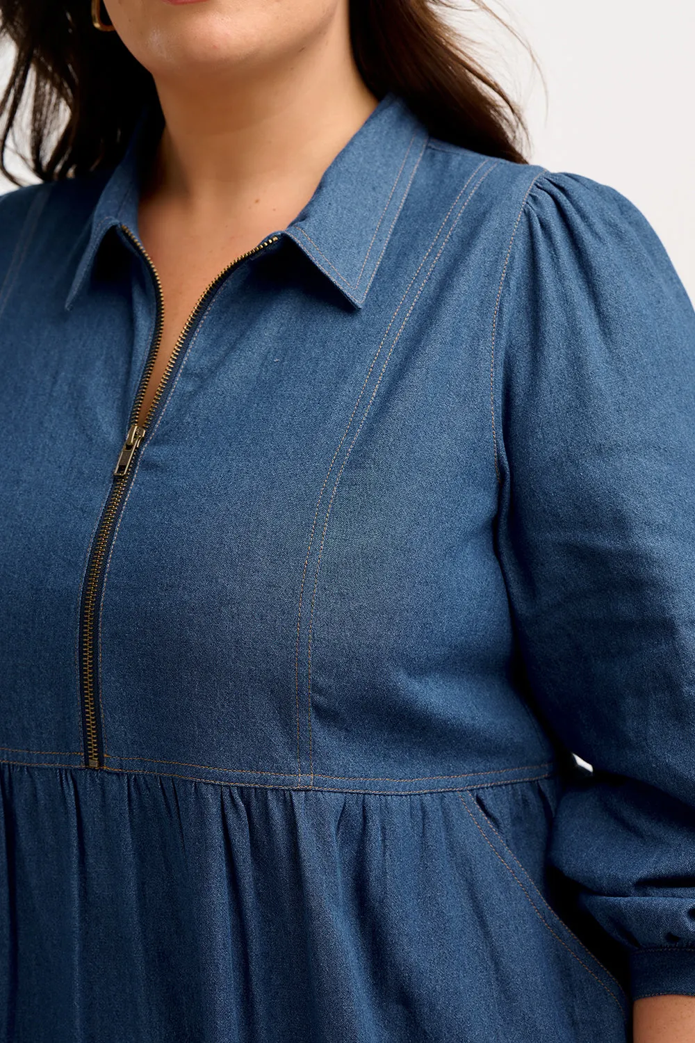 Kirsty Midi Smock Dress - Mid-Blue Denim
