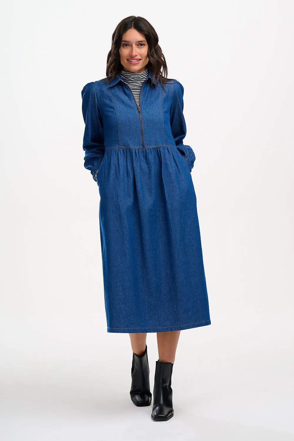 Kirsty Midi Smock Dress - Mid-Blue Denim