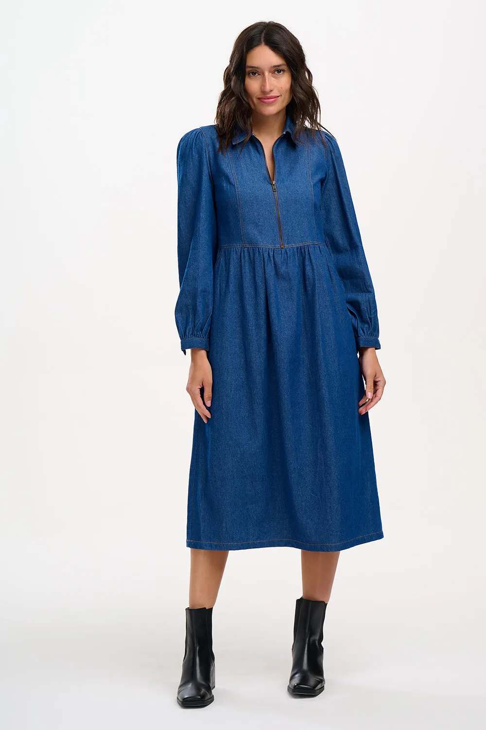 Kirsty Midi Smock Dress - Mid-Blue Denim