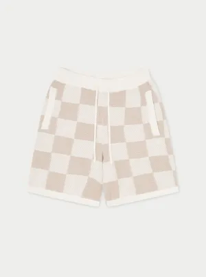 KNITTED CHECKERBOARD SHORTS - OFF WHITE