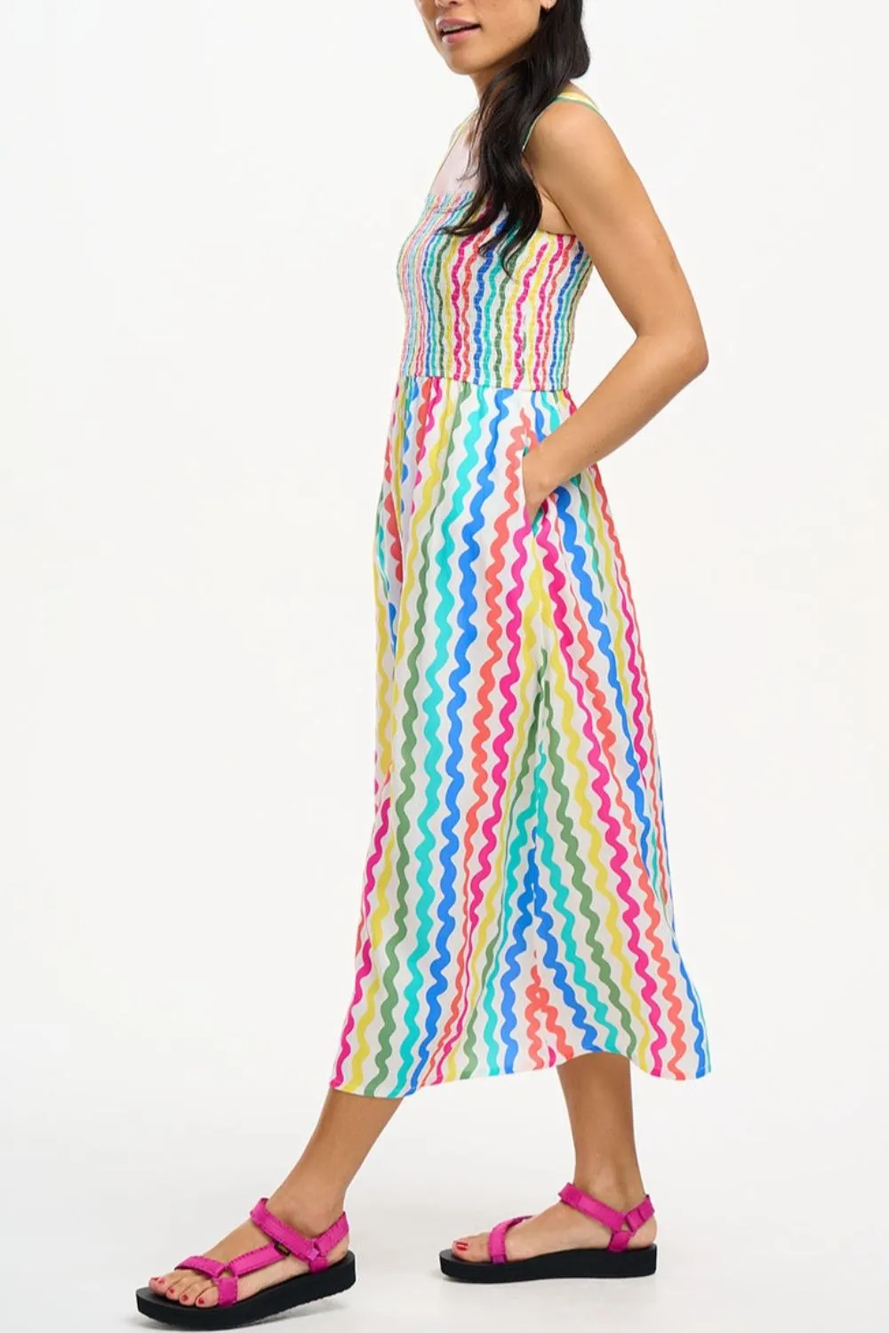 Kyla Shirred Midi Sundress - Multi. Squiggly Lines