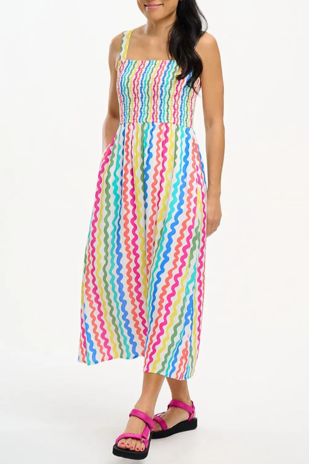 Kyla Shirred Midi Sundress - Multi. Squiggly Lines