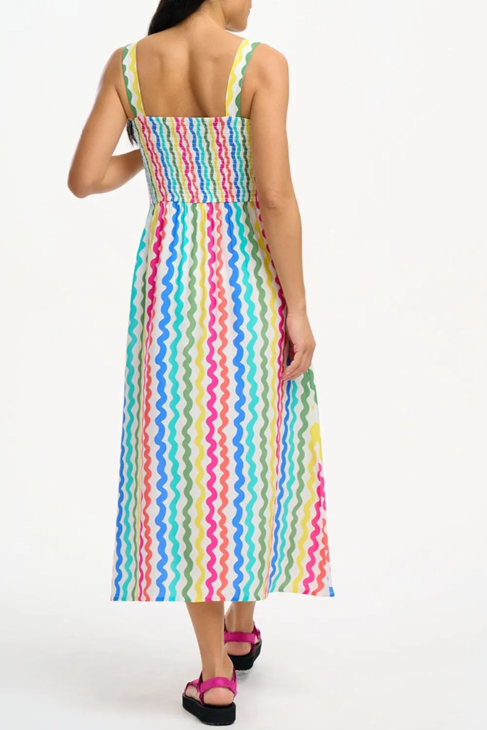 Kyla Shirred Midi Sundress - Multi. Squiggly Lines