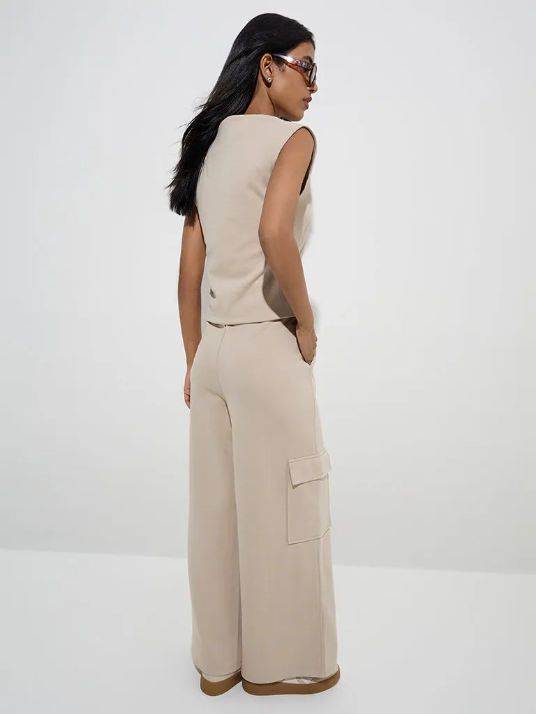 LOV Beige Cargo-Style High-Rise Cotton-Blend Pants