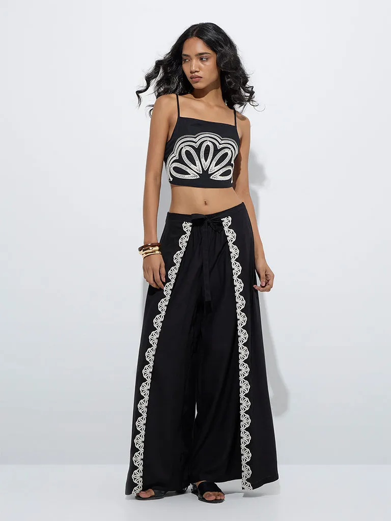 LOV Black Embroidered Crop Top