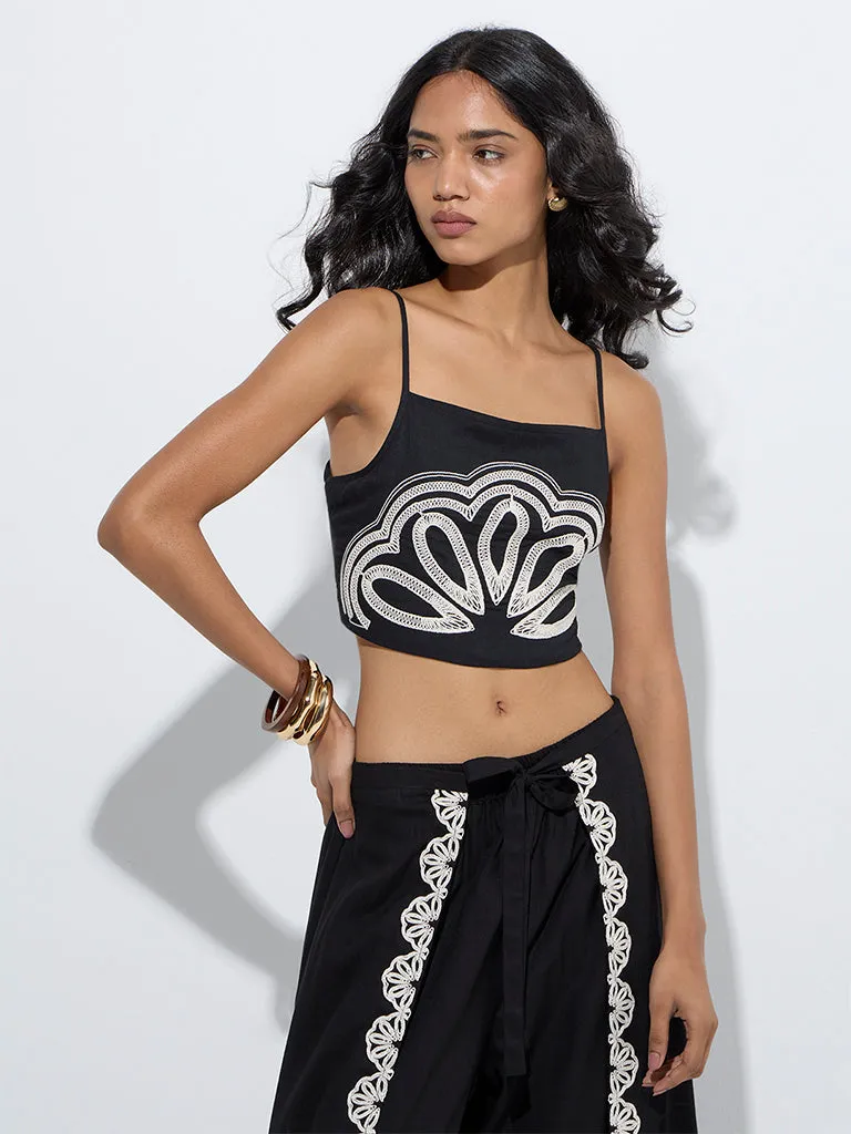 LOV Black Embroidered Crop Top