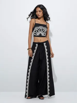 LOV Black Embroidered Crop Top