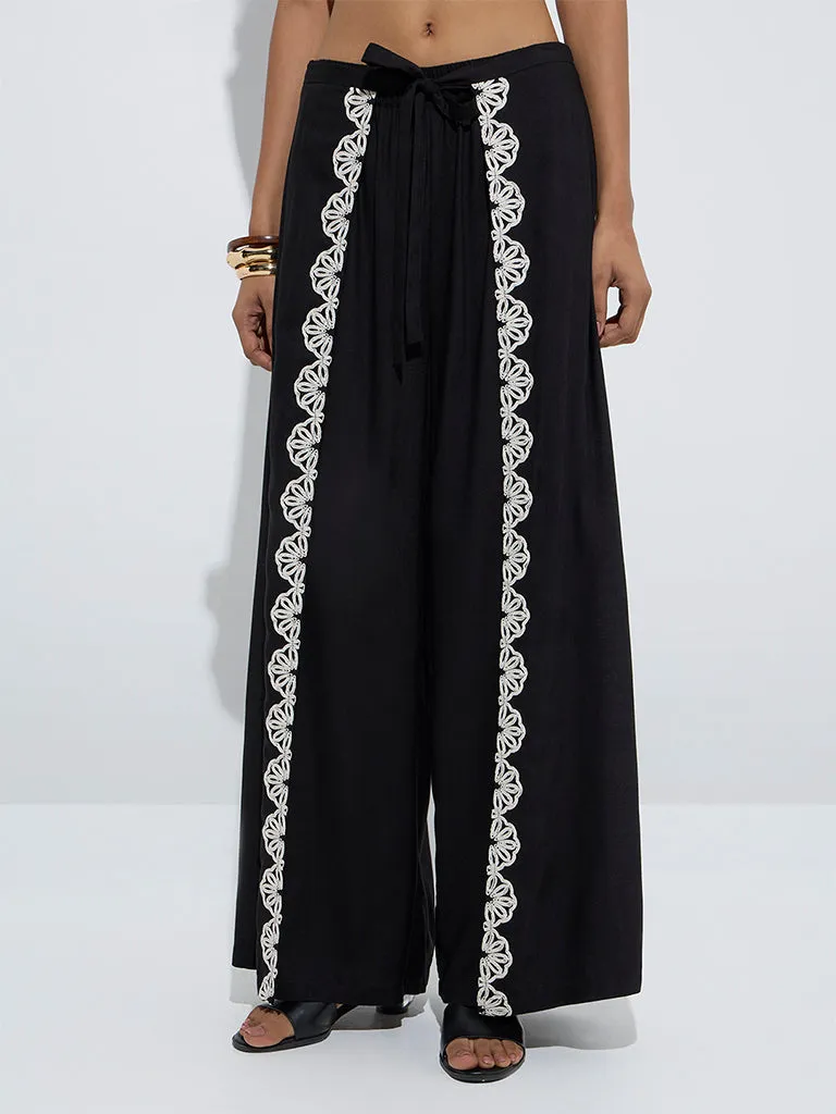LOV Black Embroidered Mid-Rise Pants