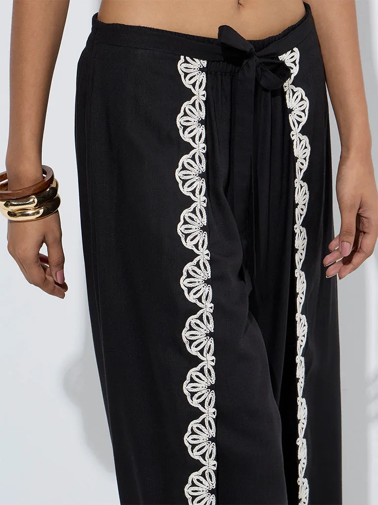 LOV Black Embroidered Mid-Rise Pants