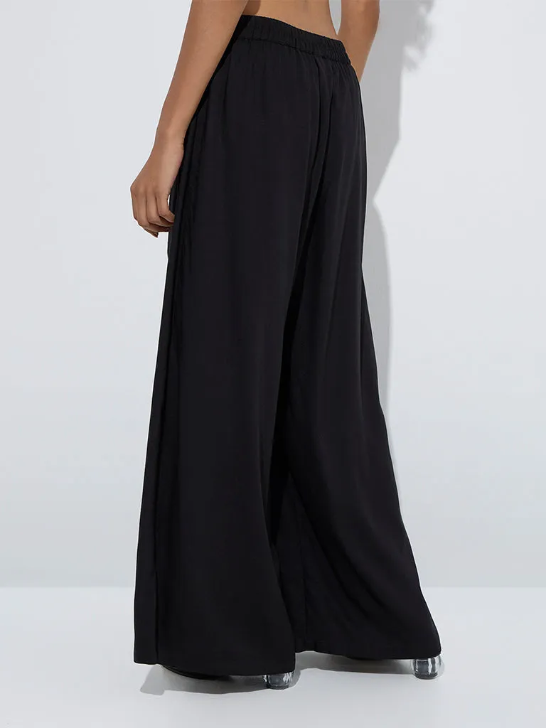 LOV Black Embroidered Mid-Rise Pants