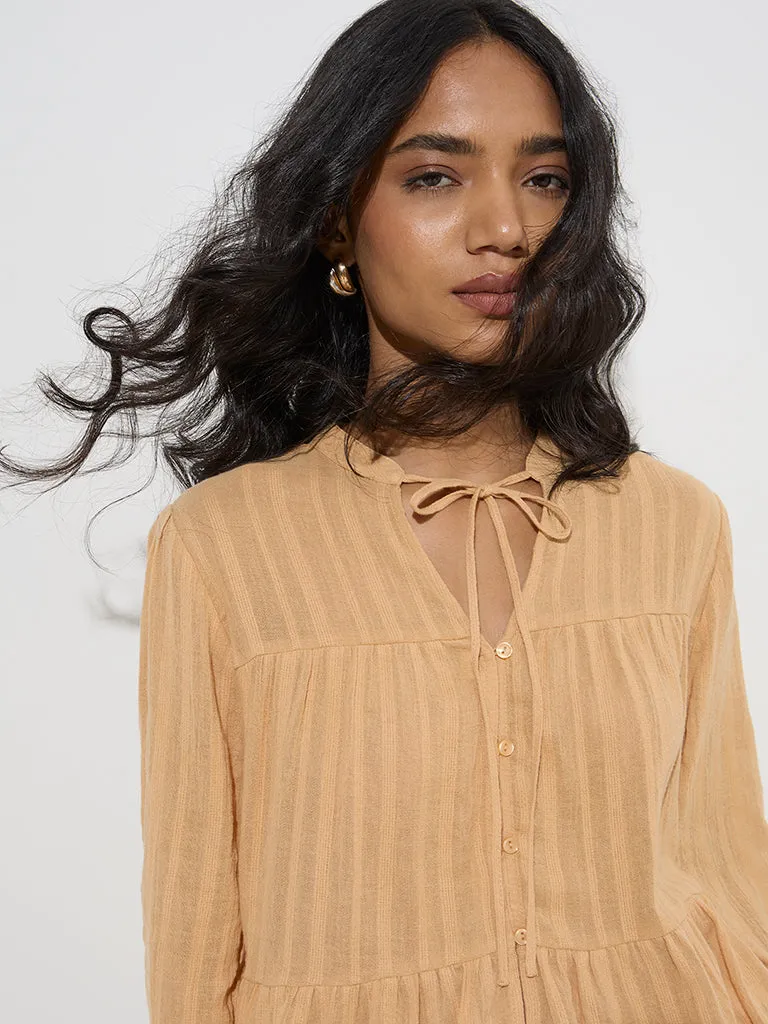 LOV Light Brown Self-Striped Cotton Top