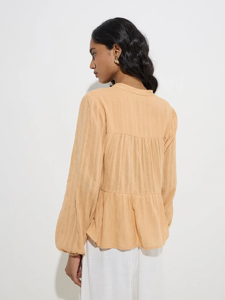 LOV Light Brown Self-Striped Cotton Top