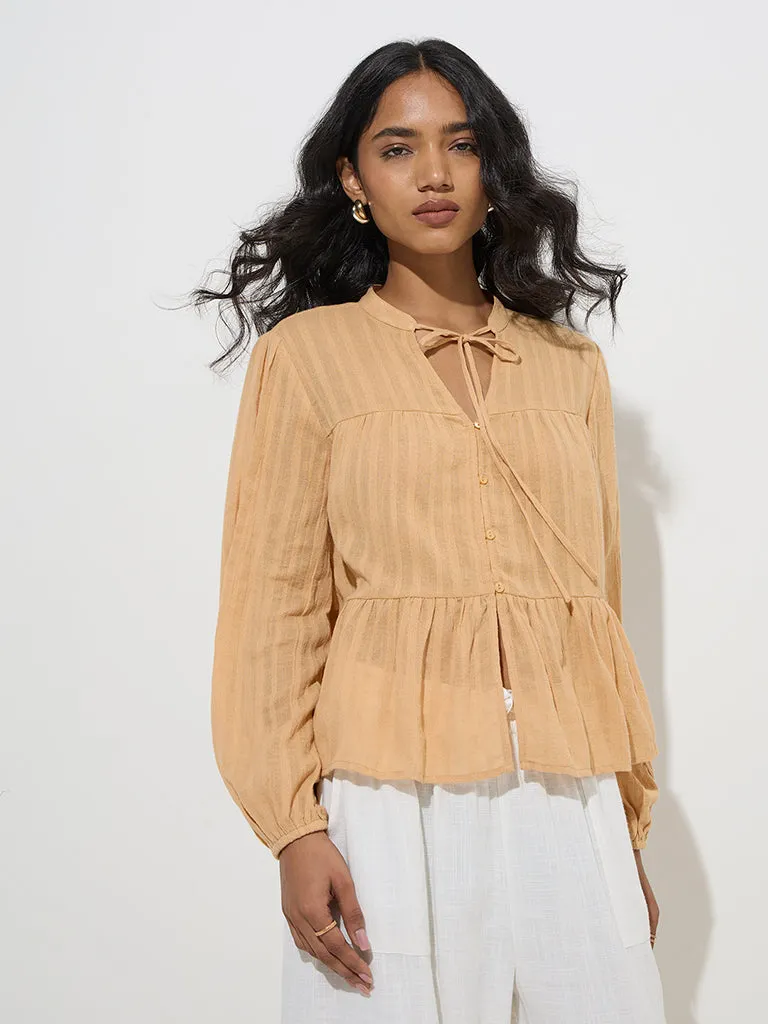 LOV Light Brown Self-Striped Cotton Top