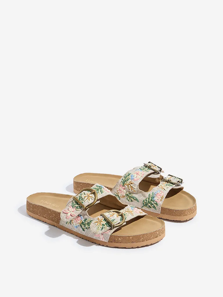 LUNA BLU Beige Floral Embroidered Sandals