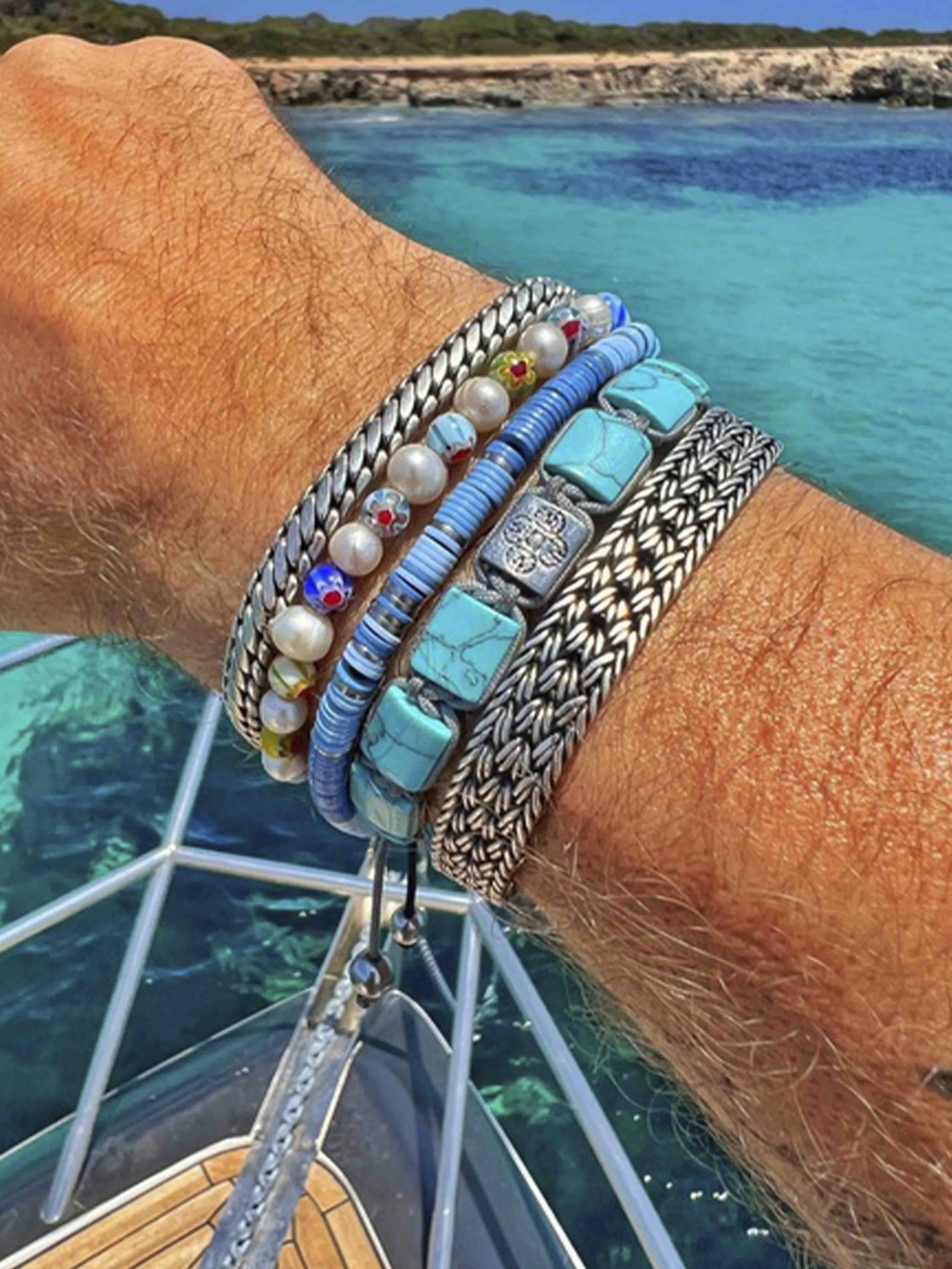 Men's Pearl Wristband with Hand-Painted Glass Beads