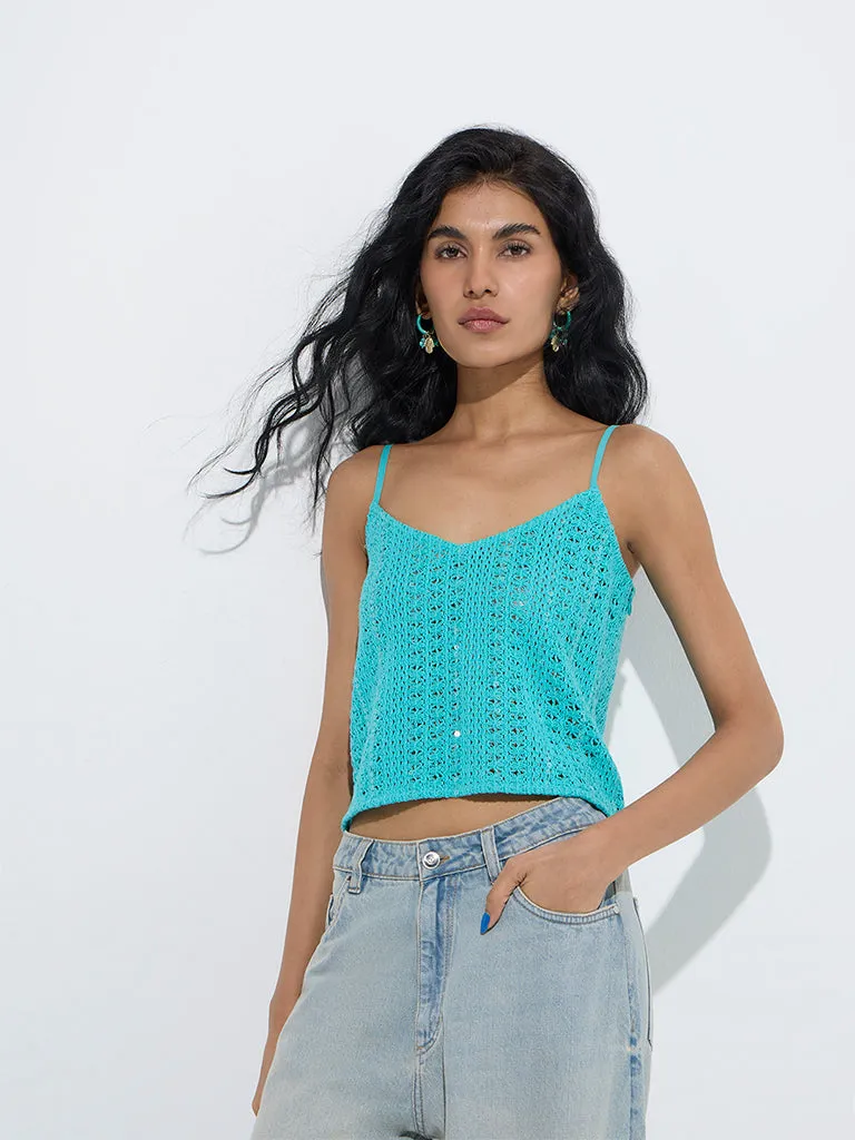 Nuon Aqua Crochet-Knitted Cotton Top