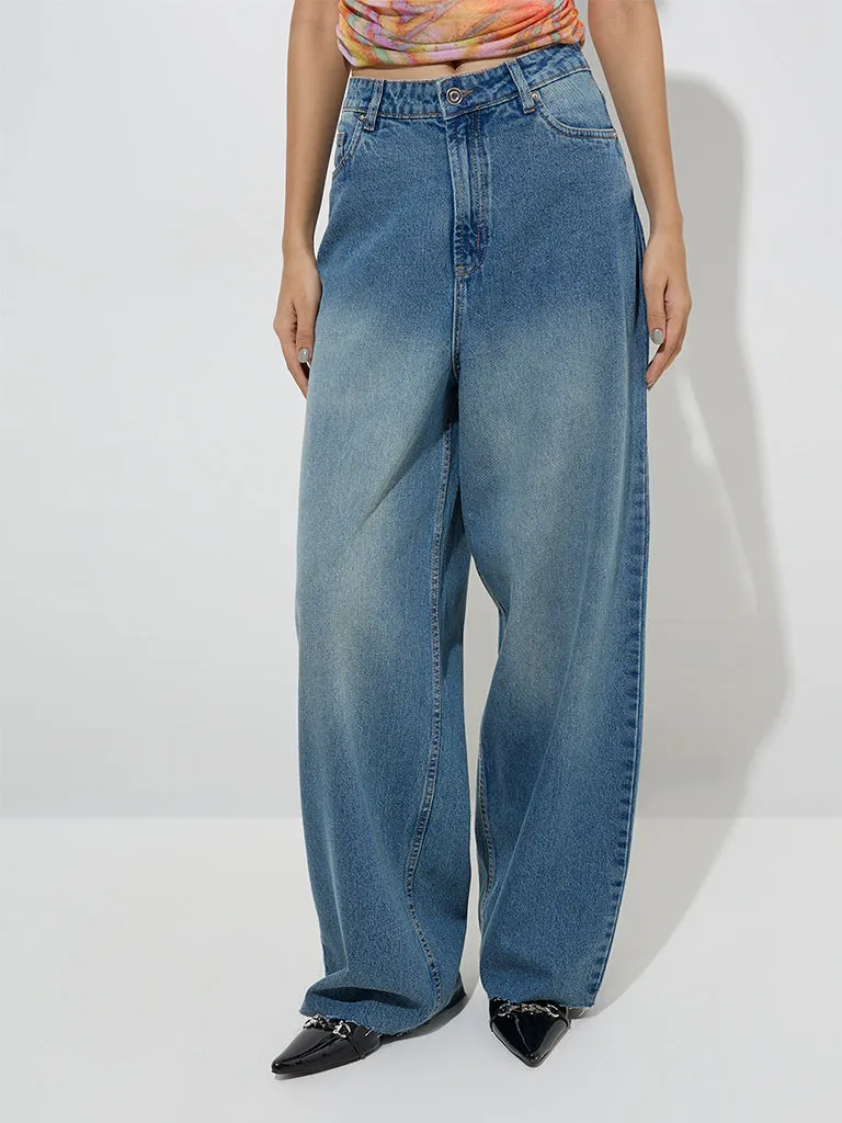 Nuon Blue Faded Relaxed-Fit High-Rise Jeans