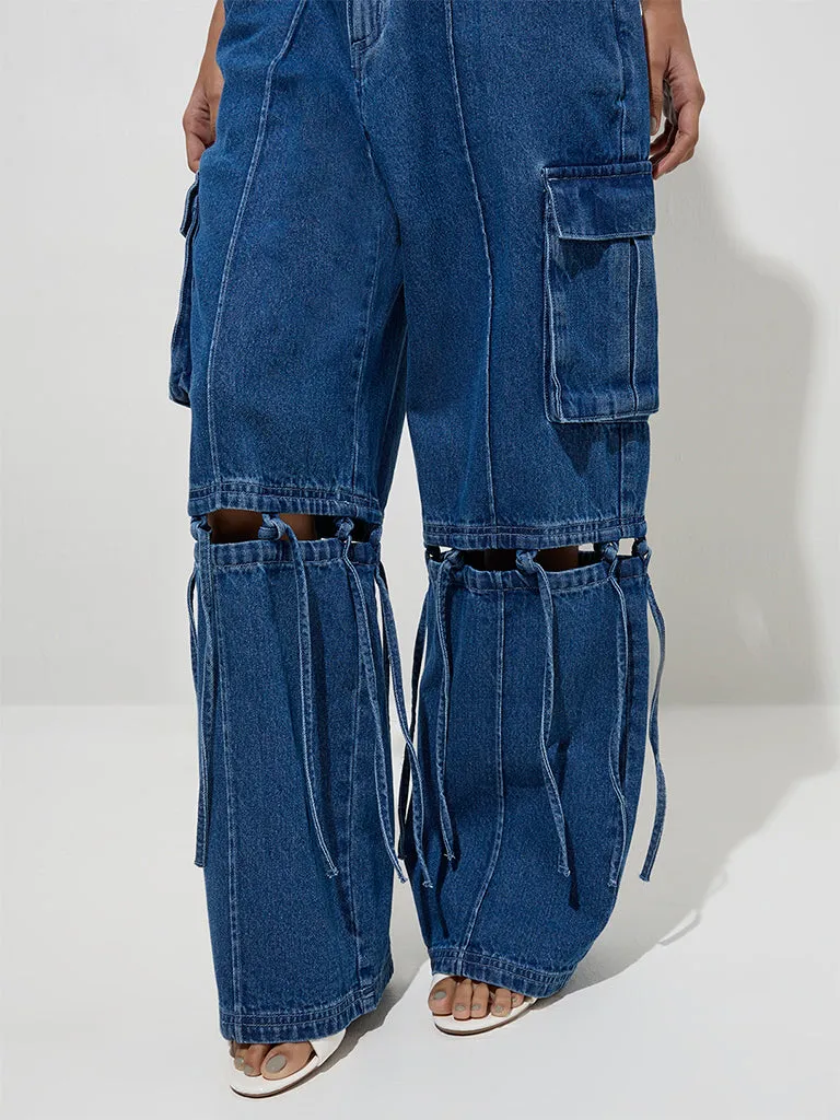 Nuon Blue Tie-Up Detailed Relaxed-Fit High-Rise Jeans