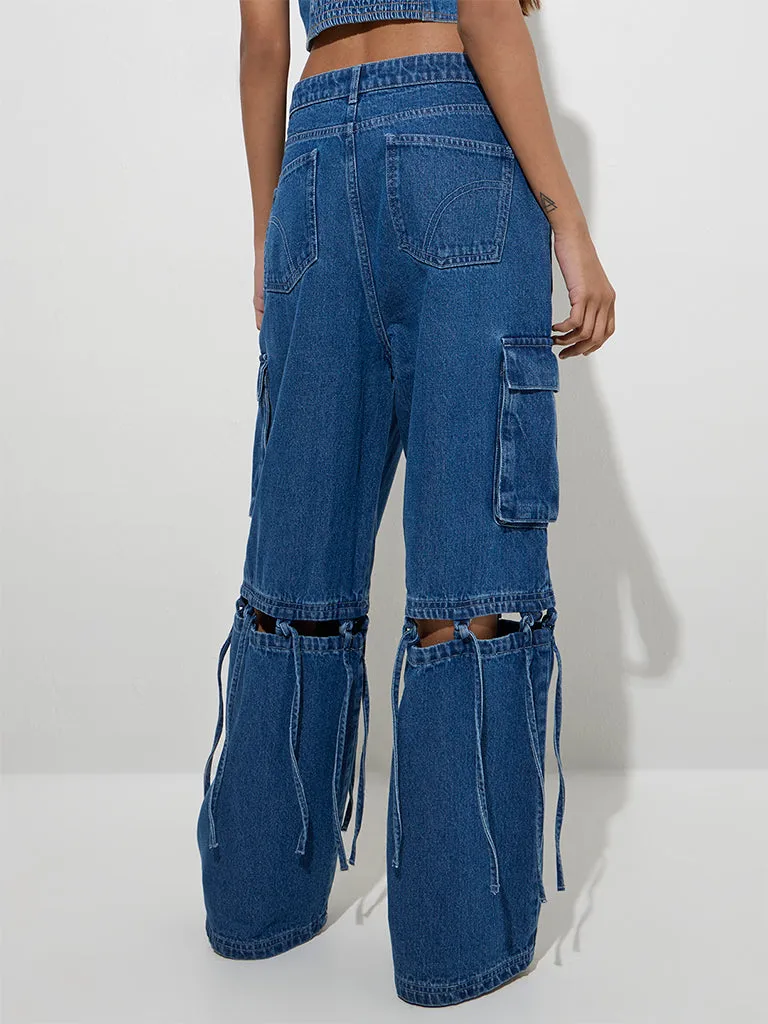 Nuon Blue Tie-Up Detailed Relaxed-Fit High-Rise Jeans