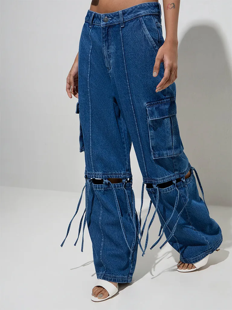 Nuon Blue Tie-Up Detailed Relaxed-Fit High-Rise Jeans