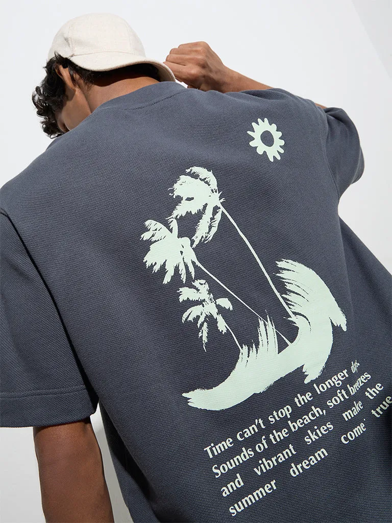 Nuon Dark Grey Text Design Relaxed-Fit Cotton T-Shirt