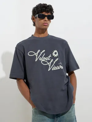 Nuon Dark Grey Text Design Relaxed-Fit Cotton T-Shirt
