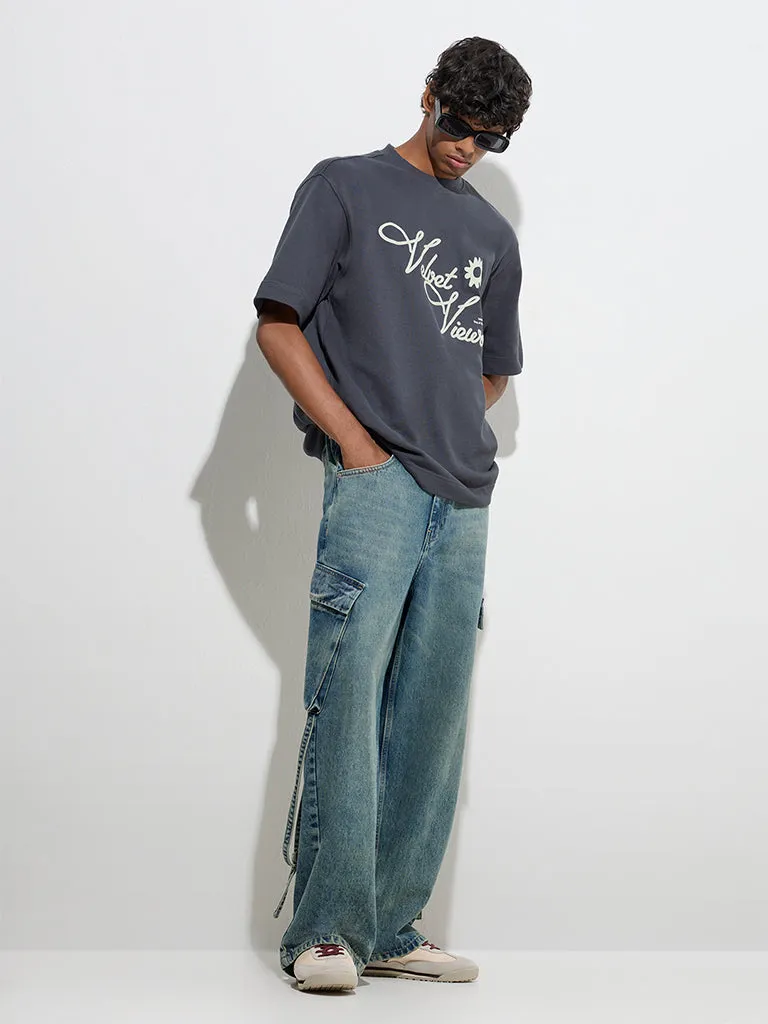 Nuon Dark Grey Text Design Relaxed-Fit Cotton T-Shirt