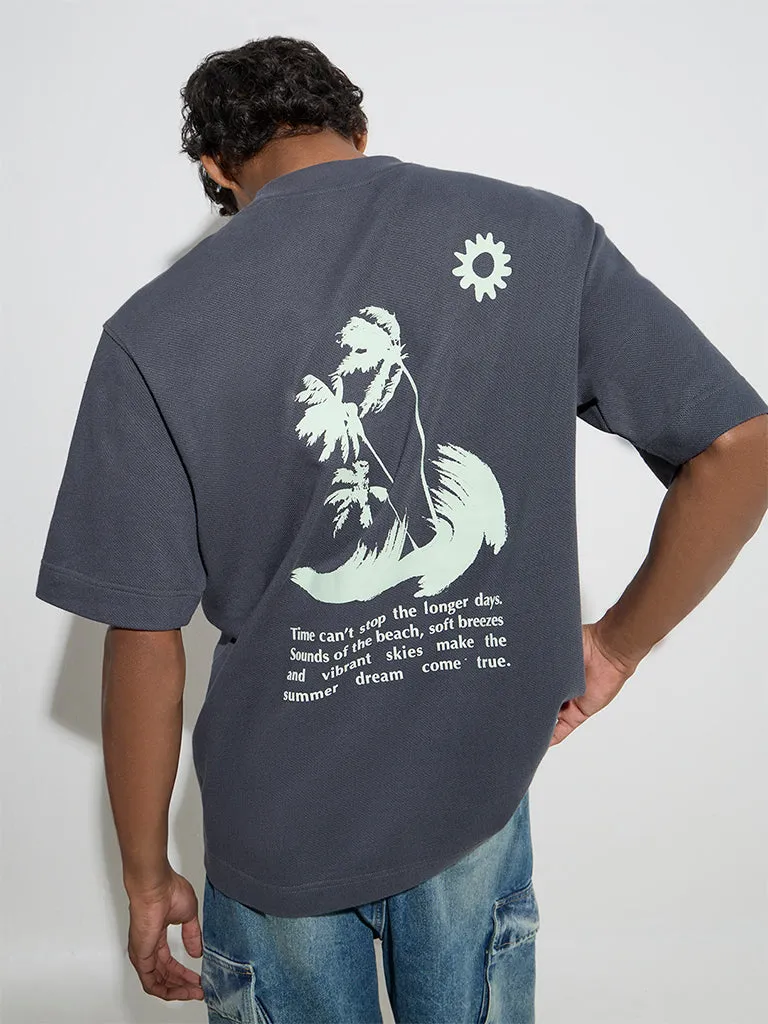 Nuon Dark Grey Text Design Relaxed-Fit Cotton T-Shirt