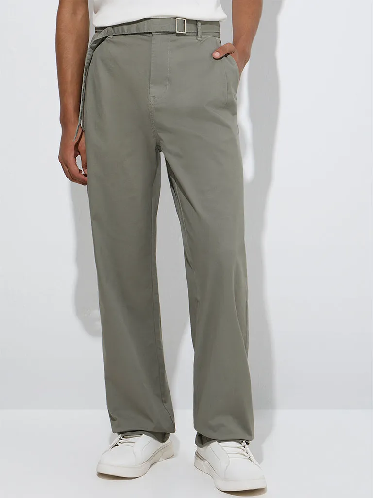 Nuon Light Olive Relaxed-Fit Cotton-Blend Chinos with Belt