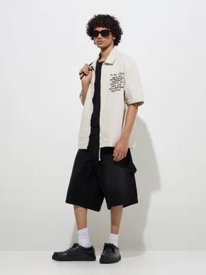 Nuon Off-White Text Design Relaxed-Fit Cotton Jacket