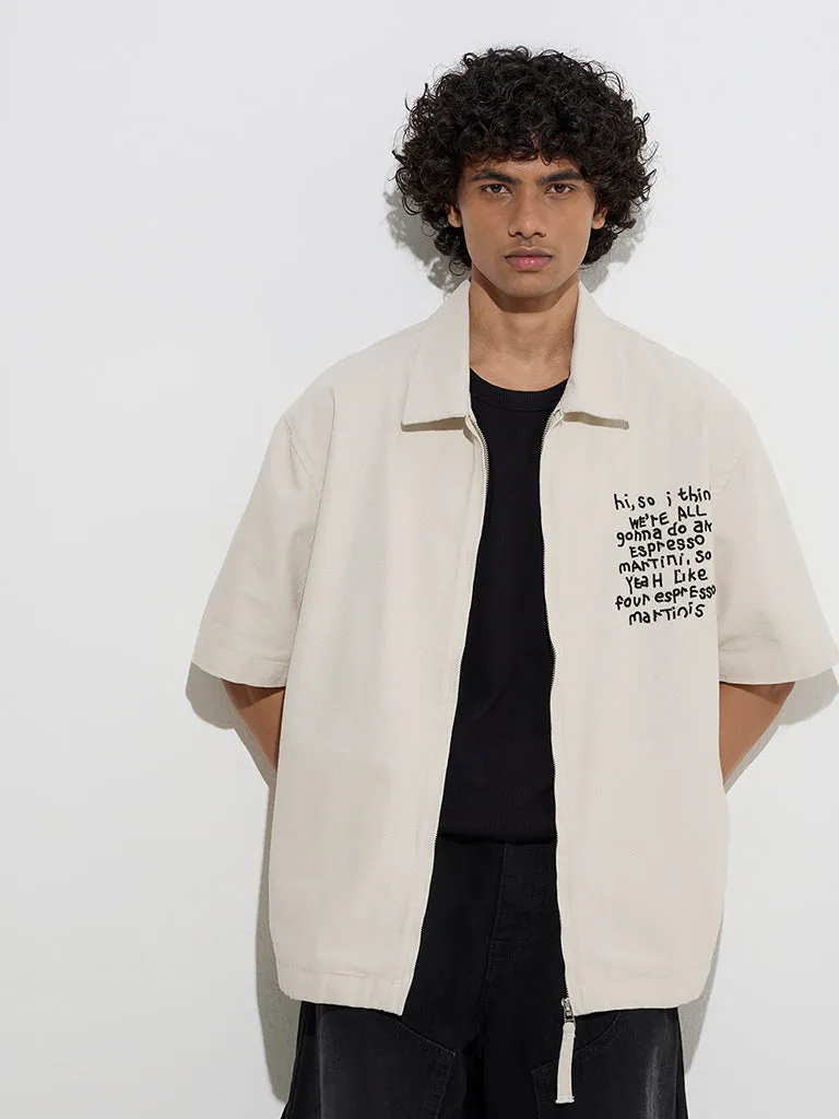 Nuon Off-White Text Design Relaxed-Fit Cotton Jacket